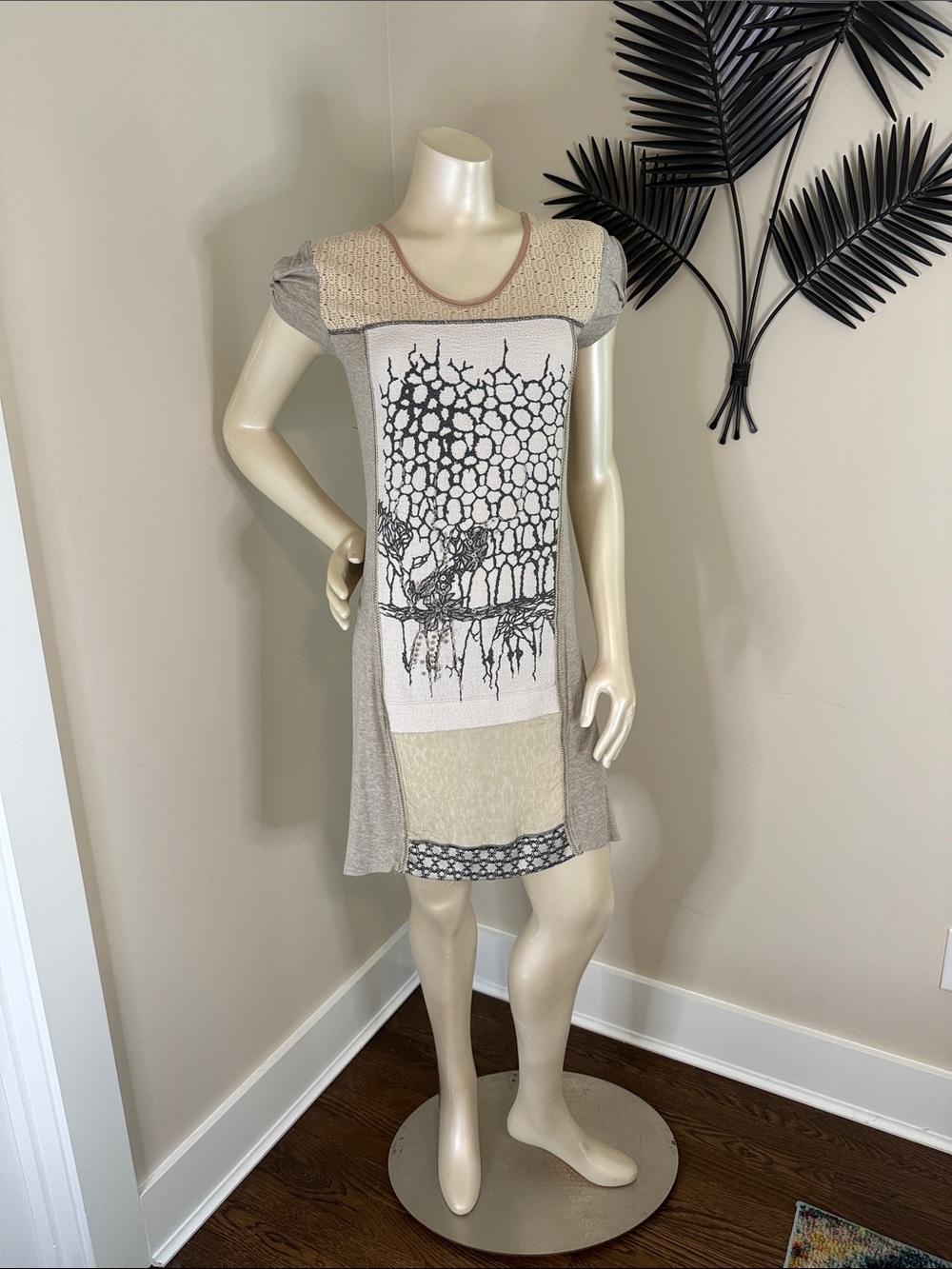 Beige Patterned Short Sleeve Panel T-Shirt Dress